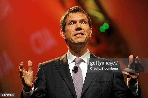 Rene Obermann, chief executive officer of Deutsche Telekom AG, speaks at the CTIA Wireless conference in Las Vegas, Nevada, U.S., on Wednesday, March...