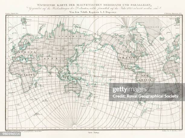 World map showing magnetic meridians, Plate '4te Abteilung, Magnetismus no. 1' from 'Dr. Heinrich Berghaus' Physikalischer Atlas', a two volume atlas...
