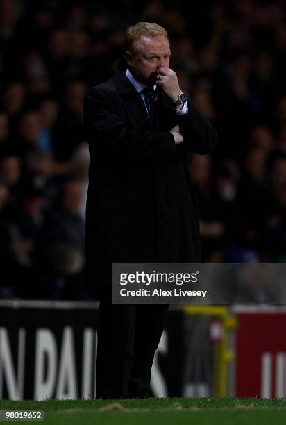 Birmingham City Manager Alex McLeish looks on during the Barclays Premier League match between Blackburn Rovers and Birmingham City at Ewood Park on...