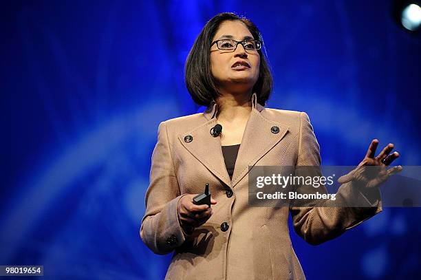 Padmasree Warrior, chief technology officer of Cisco Systems Inc., speaks at the CTIA Wireless conference in Las Vegas, Nevada, U.S., on Wednesday,...