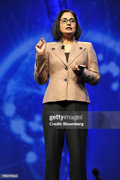 Padmasree Warrior, chief technology officer of Cisco Systems Inc., speaks at the CTIA Wireless conference in Las Vegas, Nevada, U.S., on Wednesday,...