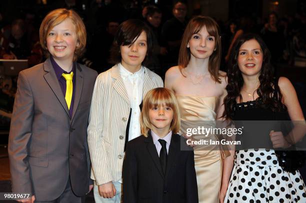 Actors Eros Valhos, Asa Butterfield, Rosie Taylor Ritson, Lil Woods and Oscar Steer attend the 'Nanny McPhee And The Big Bang' world film premiere at...