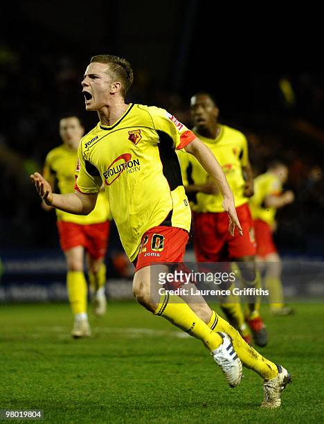 Tom Cleverley of Watford celebrates scoring the equalising goal during the Coca-Cola Championship match between Sheffield Wednesday and Watford at...