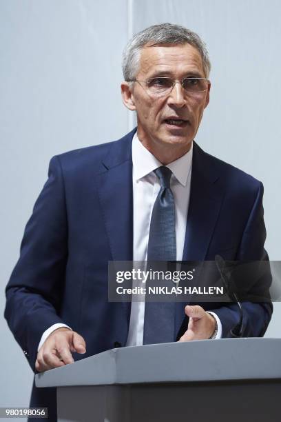 General Secretary Jens Stoltenberg delivers his pre-Summit address at Lancaster House in London on June 21, 2018.