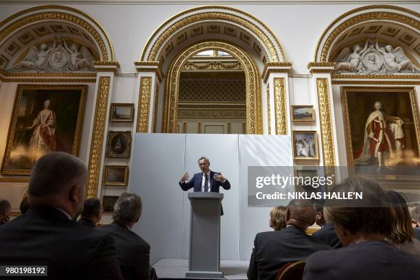 General Secretary Jens Stoltenberg delivers his pre-Summit address at Lancaster House in London on June 21, 2018.