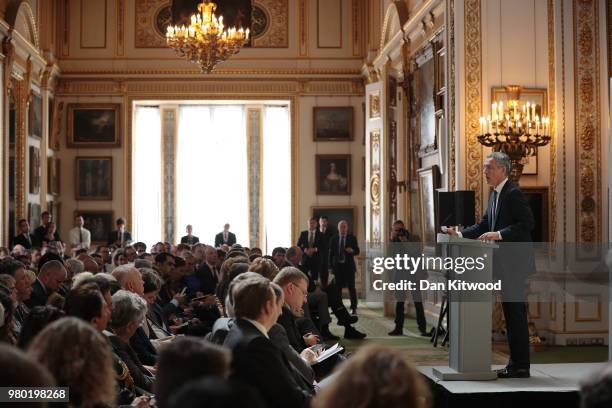 The General Secretary Of NATO Jens Stoltenberg delivers his pre-summit speech at Lancaster House on June 21, 2018 in London, England. Mr Stoltenberg...