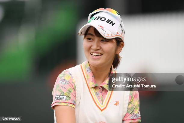 Hikari Tanabe of Japan smiles during the first round of the Earth Mondahmin Cup at the Camellia Hills Country Club on June 21, 2018 in Sodegaura,...