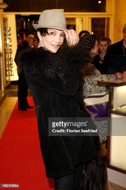 Actress Anouschka Renzi attends the premiere of 'Haltet Die Welt an' at cinema Astor Film Lounge on March 24, 2010 in Berlin, Germany.