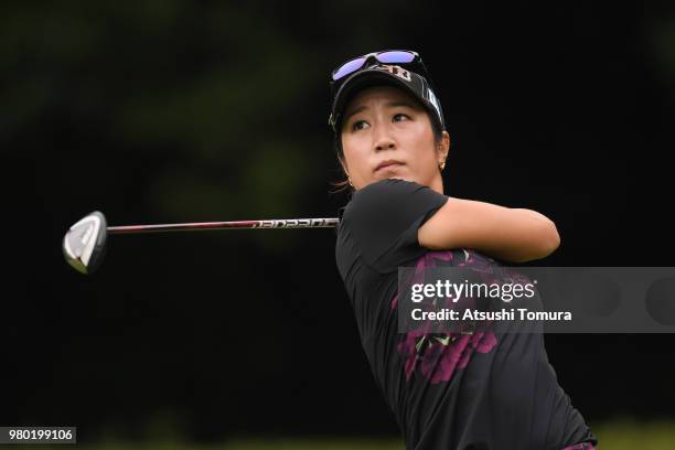 Asako Fujimoto of Japan hits her tee shot on the 3rd hole during the first round of the Earth Mondahmin Cup at the Camellia Hills Country Club on...