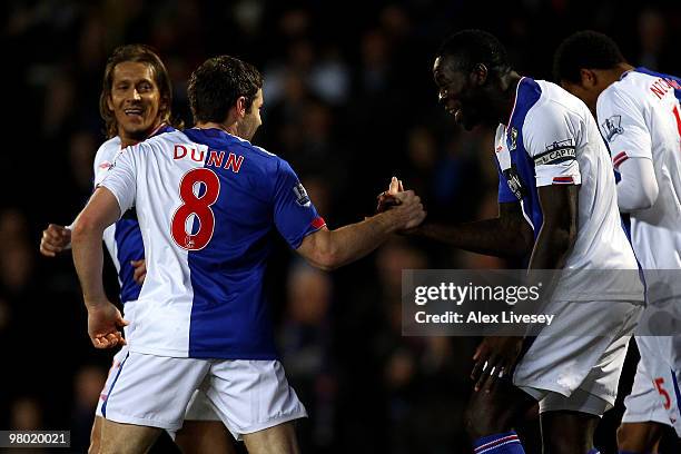 David Dunn of Blackburn Rovers celebrates with Chris Samba after scoring the opening goal during the Barclays Premier League match between Blackburn...