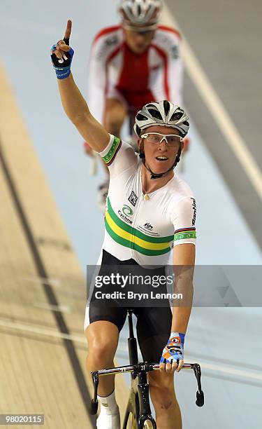 Cameron Meyer of Australia celebrates winning the Men's Points Race on Day One of the UCI Track Cycling World Championships at the Ballerup Super...