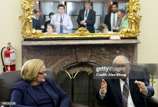 Sen. Carl Levin and Sen. Claire McCaskill speak to members of the media during a pen & pad session March 24, 2010 on Capitol Hill in Washington, DC....