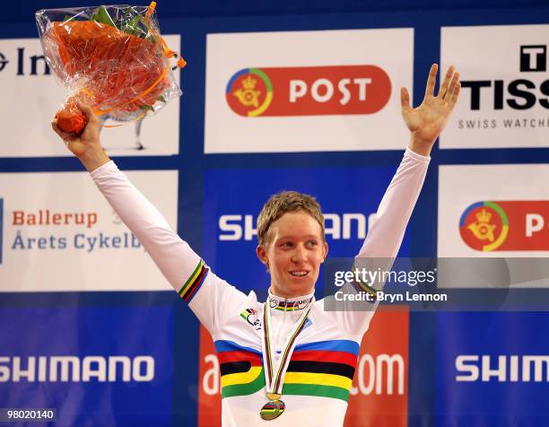 Cameron Meyer of Australia celebrates winning the Men's Points Race on Day One of the UCI Track Cycling World Championships at the Ballerup Super...