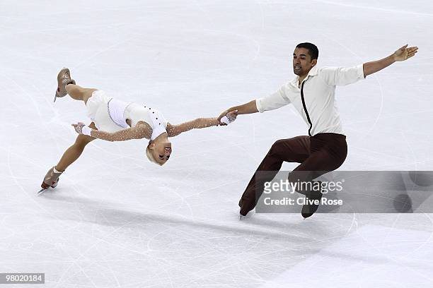 Aliona Savchenko and Robin Szolkowy of Germany compete during the Pairs Free Skate during the 2010 ISU World Figure Skating Championships on March...
