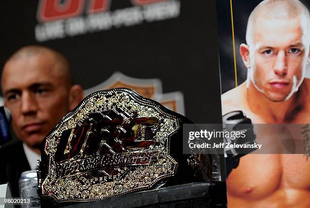 Georges St-Pierre of Montreal, Quebec, Canada appears at a press conference for UFC 111 at Radio City Music Hall on March 24, 2010 in New York City....