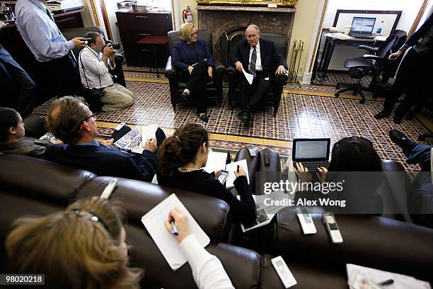 Sen. Carl Levin and Sen. Claire McCaskill speak to members of the media during a pen & pad session March 24, 2010 on Capitol Hill in Washington, DC....