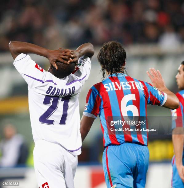 Khouma Babacar of ACF Fiorentina shows his dejection during the Serie A match between Catania Calcio and ACF Fiorentina at Stadio Angelo Massimino on...