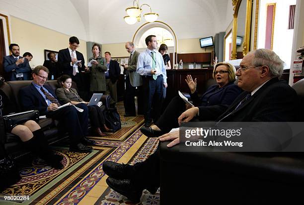 Sen. Carl Levin and Sen. Claire McCaskill speak to members of the media during a pen & pad session March 24, 2010 on Capitol Hill in Washington, DC....