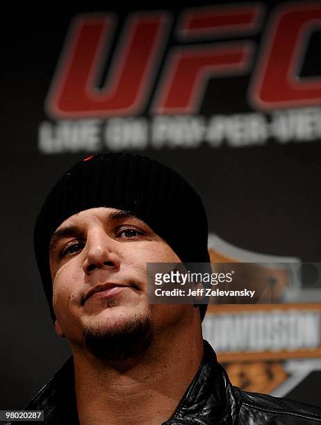 Frank Mir of Las Vegas, Nevada speaks at a press conference for UFC 111 at Radio City Music Hall on March 24, 2010 in New York City. Mir will face...