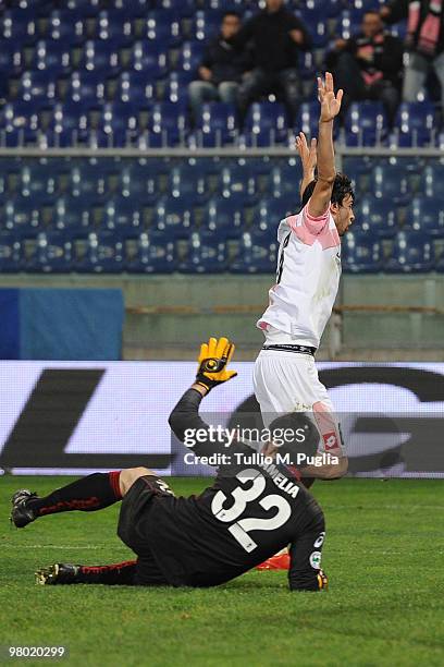 Javier Pastore of Palermo celebrates his goal as Marco Amelia goalkeeper of Genoa reacts during the Serie A match between Genoa CFC and US Citta di...