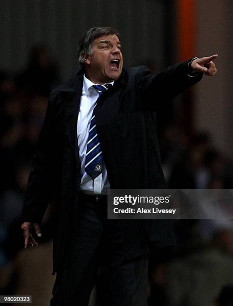 Blackburn Rovers Manager Sam Allardyce issues instructions during the Barclays Premier League match between Blackburn Rovers and Birmingham City at...