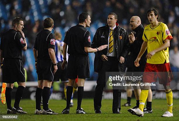 Malky Mackay manager of Watford argues with the referee after the Coca-Cola Championship match between Sheffield Wednesday and Watford at...