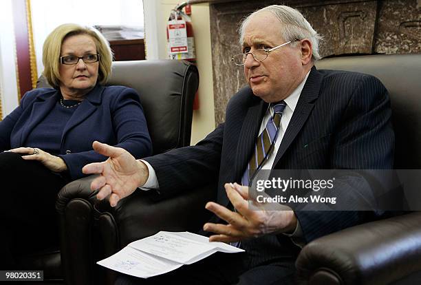 Sen. Carl Levin and Sen. Claire McCaskill speak to members of the media during a pen & pad session March 24, 2010 on Capitol Hill in Washington, DC....