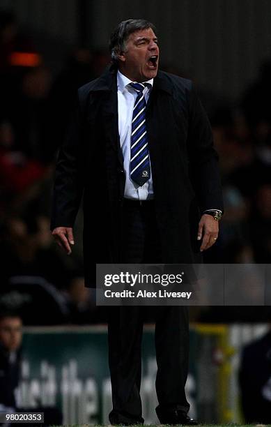 Blackburn Rovers Manager Sam Allardyce issues instructions during the Barclays Premier League match between Blackburn Rovers and Birmingham City at...