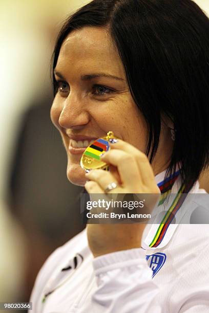 Anna Meares of Australia stands on the podium after winning the Women's 500m Time Trial on Day One of the UCI Track Cycling World Championships at...