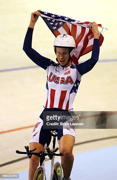 Sarah Hammer of the USA celebrates winning the Women's Individual Pursuit on Day One of the UCI Track Cycling World Championships at the Ballerup...