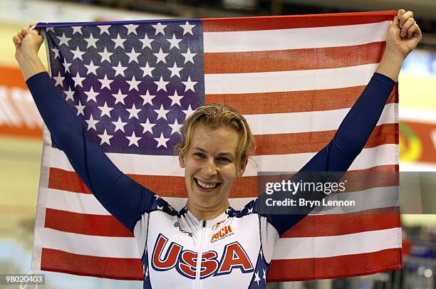 Sarah Hammer of the USA celebrates winning the Women's Individual Pursuit on Day One of the UCI Track Cycling World Championships at the Ballerup...