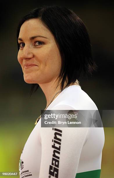 Anna Meares of Australia stands on the podium after winning the Women's 500m Time Trial on Day One of the UCI Track Cycling World Championships at...