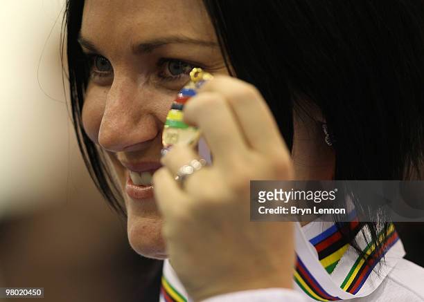 Anna Meares of Australia shows off her medal after winning the Women's 500m Time Trial on Day One of the UCI Track Cycling World Championships at the...