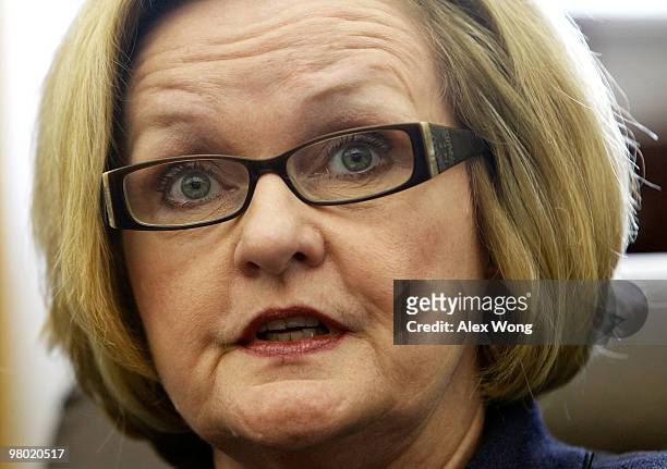 Sen. Claire McCaskill speaks to members of the media during a pen & pad session March 24, 2010 on Capitol Hill in Washington, DC. The senator...