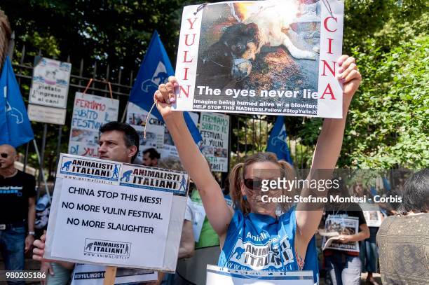 Animal rights activists demonstrate near the Embassy of China to protest against the Festival of Yulin on June 21, 2018 in Rome, Italy. Yulin is a...