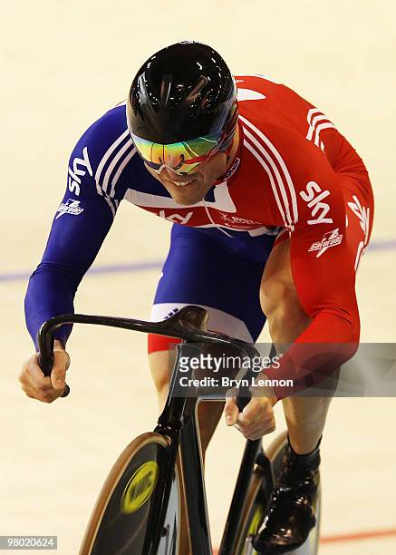 Sir Chris Hoy of Great Britain in action in the Men's Team Sprint on Day One of the UCI Track Cycling World Championships at the Ballerup Super Arena...