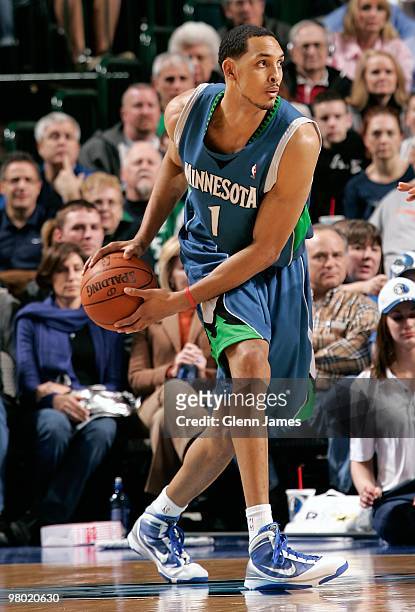 Ryan Hollins of the Minnesota Timberwolves looks to move the ball against the Dallas Mavericks during the game at the American Airlines Center on...