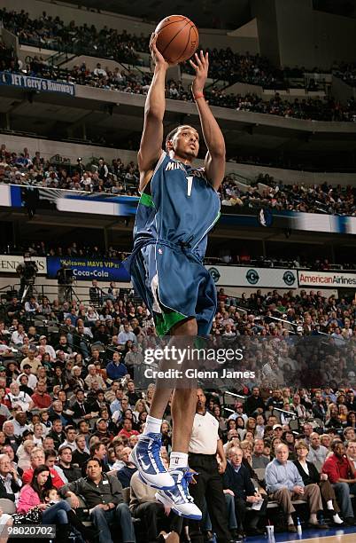 Ryan Hollins of the Minnesota Timberwolves shoots against the Dallas Mavericks during the game at the American Airlines Center on February 5, 2010 in...