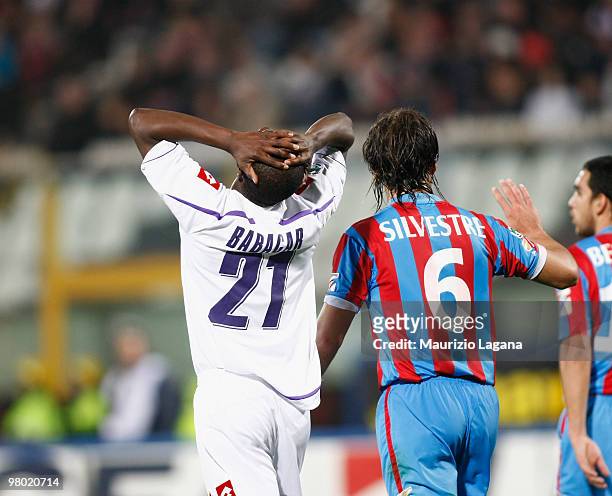 Khouma Babacar of ACF Fiorentina shows his dejection during the Serie A match between Catania Calcio and ACF Fiorentina at Stadio Angelo Massimino on...
