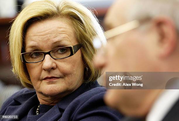 Sen. Claire McCaskill listens as Sen. Carl Levin speak to members of the media during a pen & pad session March 24, 2010 on Capitol Hill in...