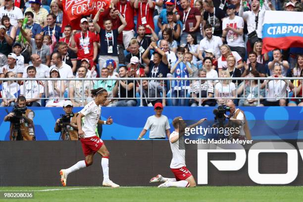 Christian Eriksen of Denmark celebrates after scoring his team's first goal during the 2018 FIFA World Cup Russia group C match between Denmark and...