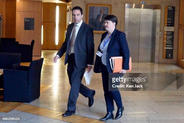 Scottish Conservative leader Ruth Davidson on the way to First Minister's Questions in the Scottish Parliament accompanied by Conservative MSP...