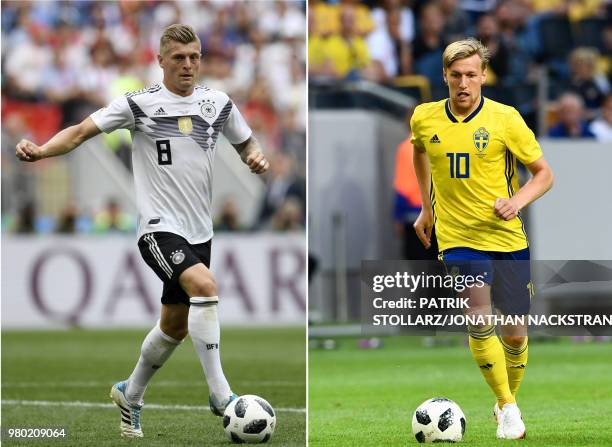 This combination of photos created on June 21, 2018 shows Germany's midfielder Toni Kroos in Moscow on June 17, 2018 and Sweden's midfielder Emil...