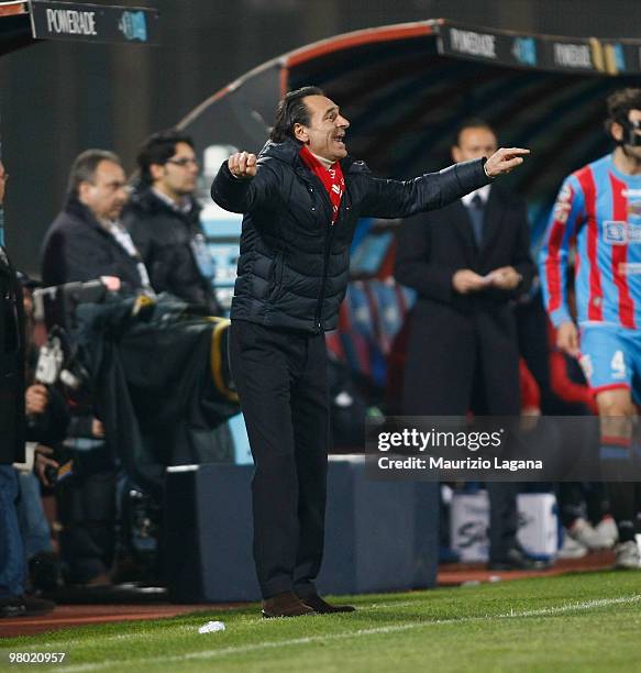 Cesare Prandelli coach of ACF Fiorentina gestures during the Serie A match between Catania Calcio and ACF Fiorentina at Stadio Angelo Massimino on...