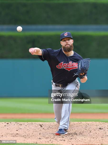 Corey Kluber of the Cleveland Indians throws a warm-up pitch during the game against the Detroit Tigers at Comerica Park on June 10, 2018 in Detroit,...