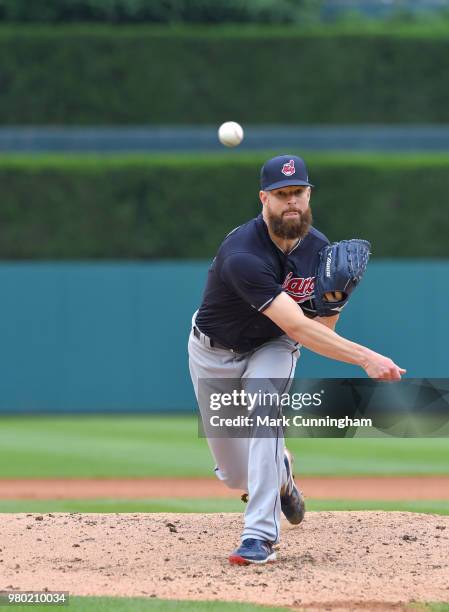 Corey Kluber of the Cleveland Indians throws a warm-up pitch during the game against the Detroit Tigers at Comerica Park on June 10, 2018 in Detroit,...