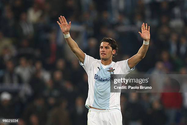 Guglielmo Stendardo of SS Lazio celebrates the victory after the Serie A match between SS Lazio and AC Siena at Stadio Olimpico on March 24, 2010 in...