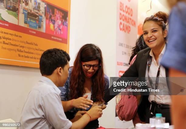 People during a blood donation camp organised by Aarone Group along with Select Citywalk, one of the most popular shopping malls in Delhi, in...