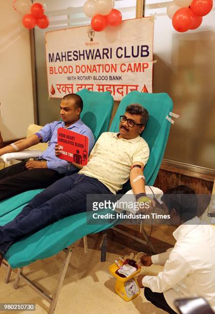 People donate blood during a blood donation camp organised by Aarone Group along with Select Citywalk, one of the most popular shopping malls in...