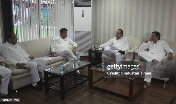 Congress opposition leaders meet before the Monsoon Session meeting at Radhakrishna Vikhe Patil’s bungalow, in presence of Ashok Chavan, Vikhe Patil,...